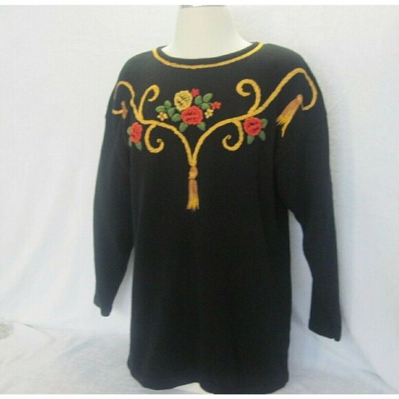 Vintage Women's Sweater Marisa Christina Black Gold Red Embroidered Size Medium - Picture 2 of 9